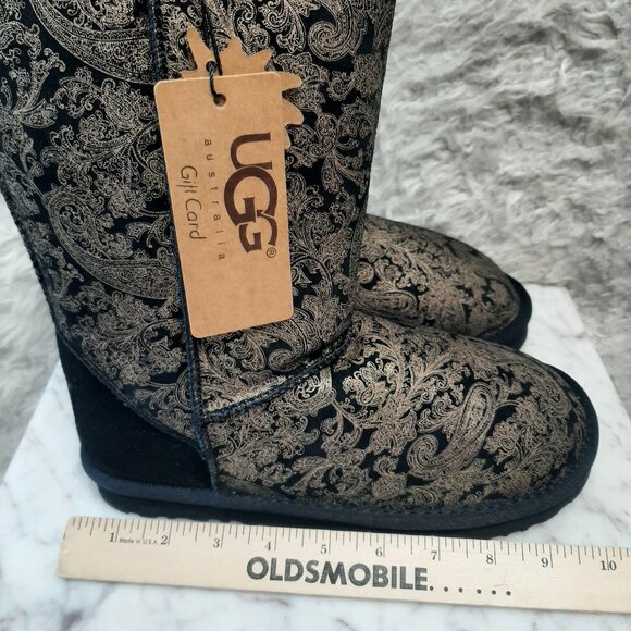 UGG Australia Classic Tall Women'sGold Floral Print Black Shearling Winter Boots - Picture 3 of 8